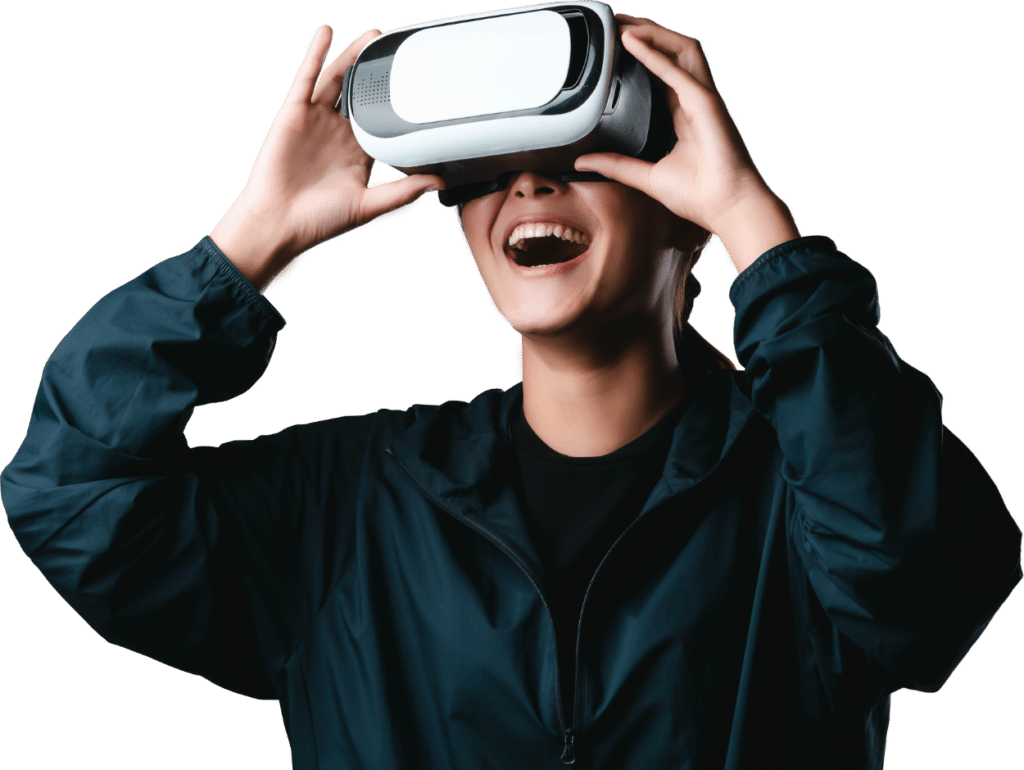 Une personne portant un casque de réalité virtuelle, immergée dans son projet de design intérieur